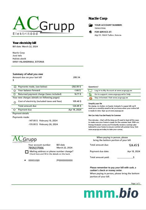 Estonia AC Grupp OÜ electricity rachunek za usługi komunalne szablon w formacie Word i PDF